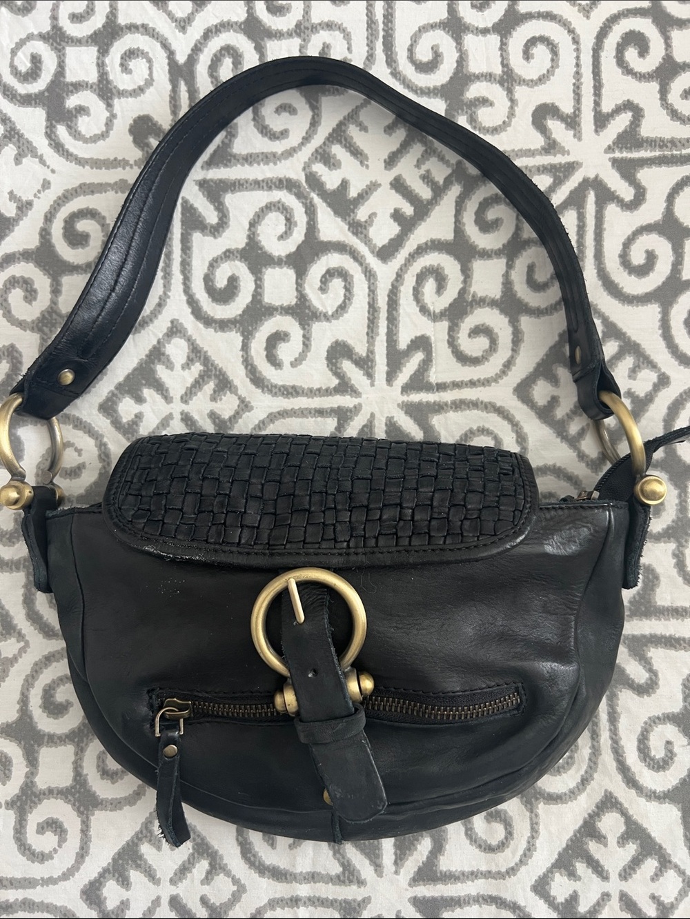 Black Woven-Flap Leather Shoulder Bag with Brass Ring Accent